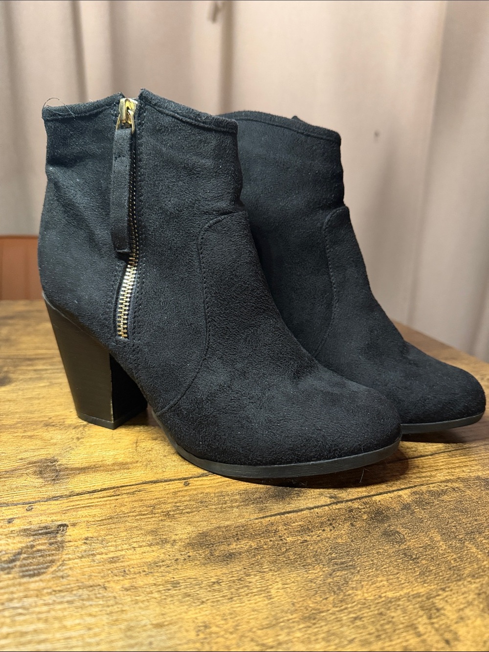 Journee Collection Black Suede Ankle Booties with Gold Zip